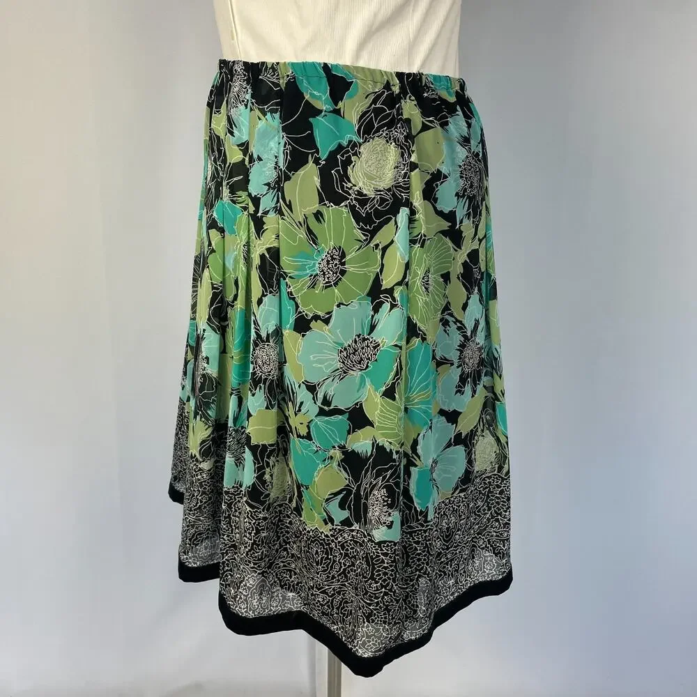 A Line Skirt Plus Size 1X Green Blue Floral Chiffon Flowy Spring Fairy Y2K